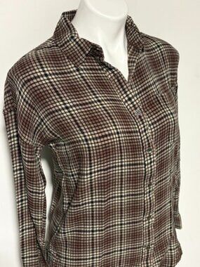 FLAG & ANTHEM WOMENS BROWN AND BLACK PLAID SHIRT XS